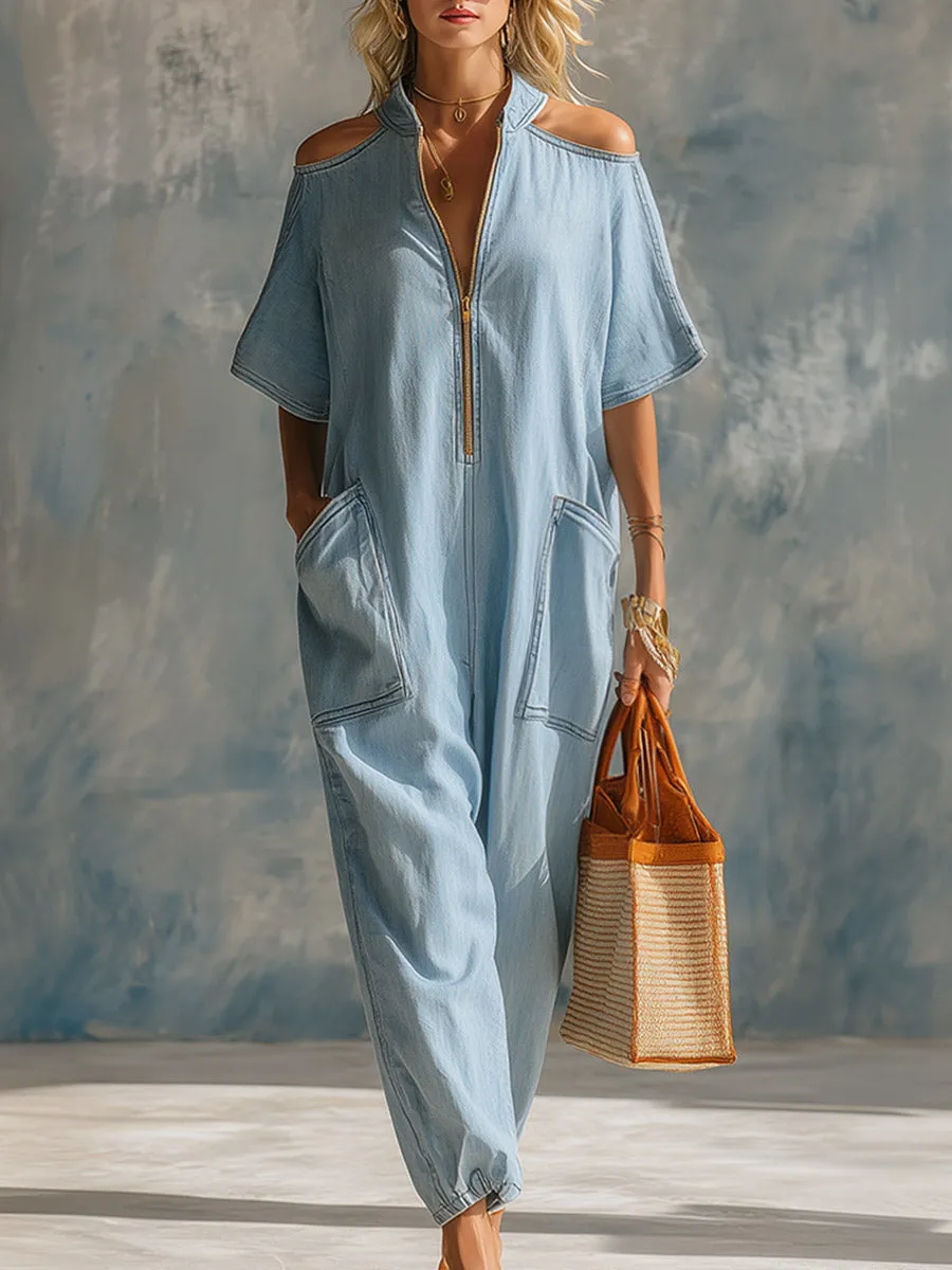 Stylish & Casual Light Blue Denim Off-Shoulder Short-Sleeve Loose-Fit Jumpsuit sold by Oyrosy