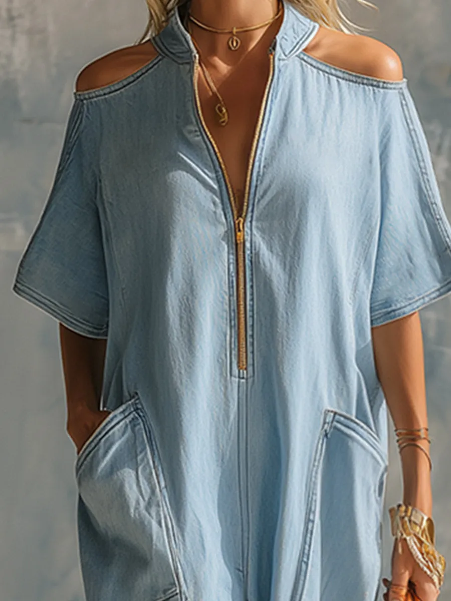 Stylish & Casual Light Blue Denim Off-Shoulder Short-Sleeve Loose-Fit Jumpsuit sold by Oyrosy product image thumbnail 3