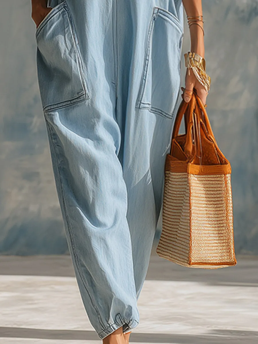 Stylish & Casual Light Blue Denim Off-Shoulder Short-Sleeve Loose-Fit Jumpsuit sold by Oyrosy product image thumbnail 4