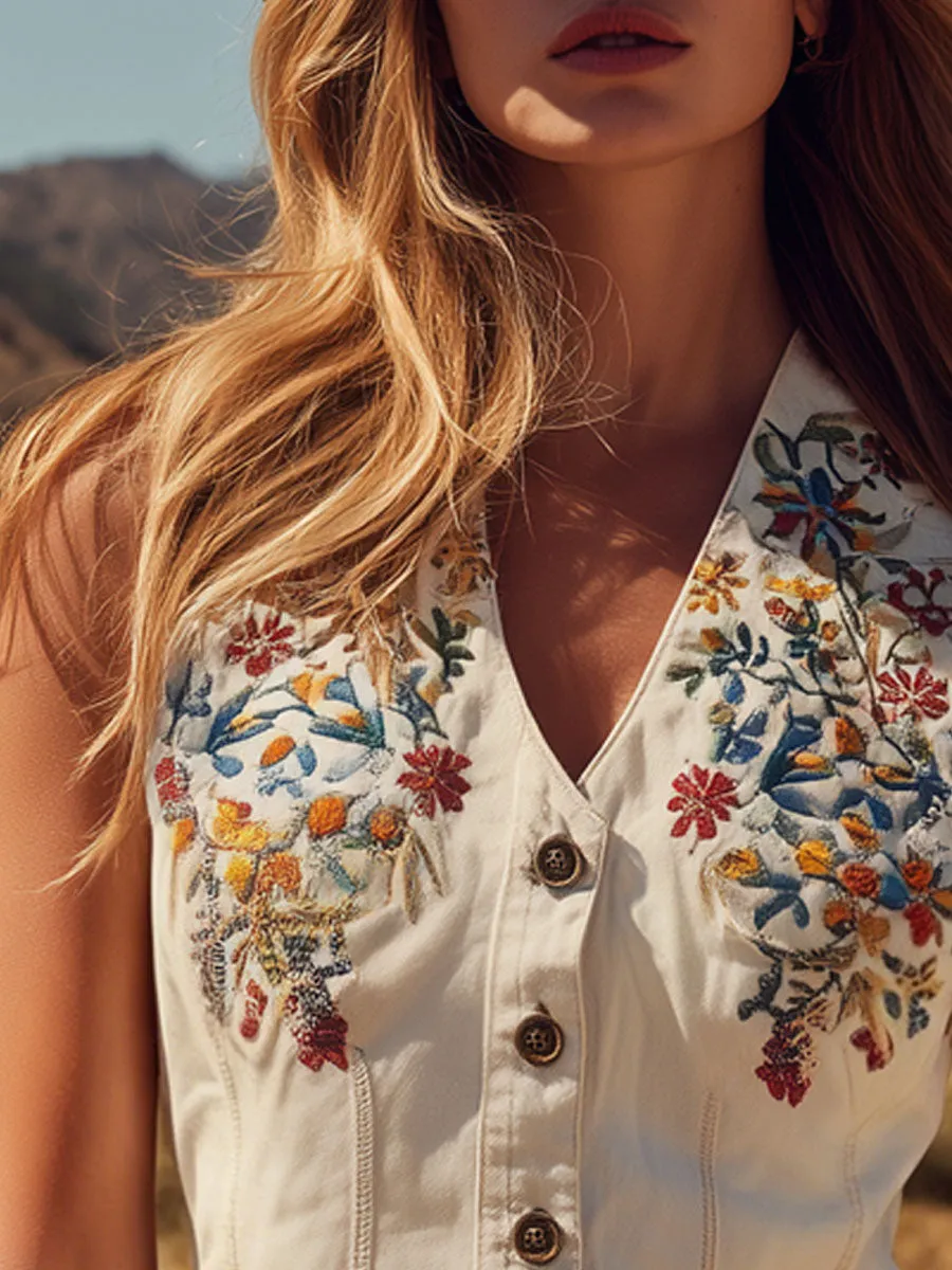 Western Retro Floral Embroidered White Denim Vest sold by Oyrosy product image thumbnail 4
