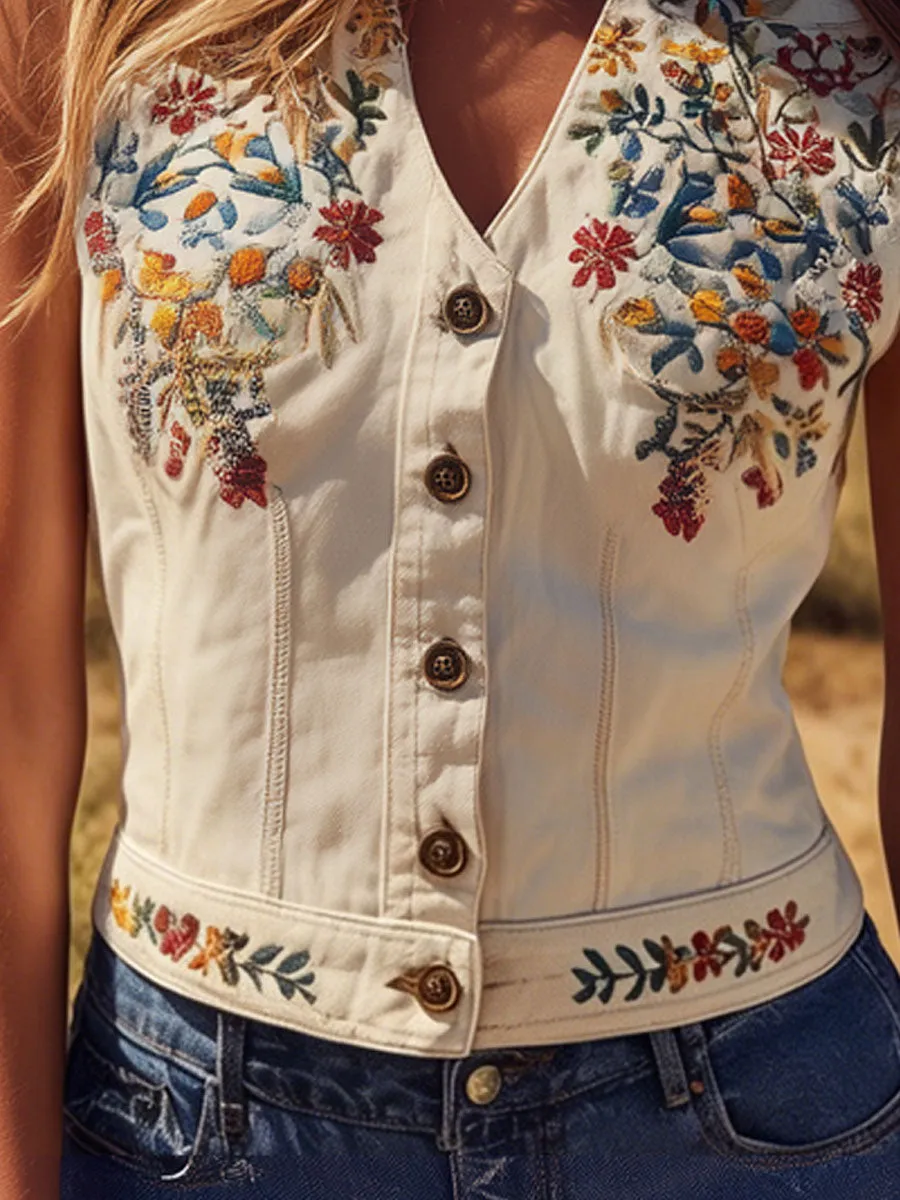 Western Retro Floral Embroidered White Denim Vest sold by Oyrosy product image thumbnail 5