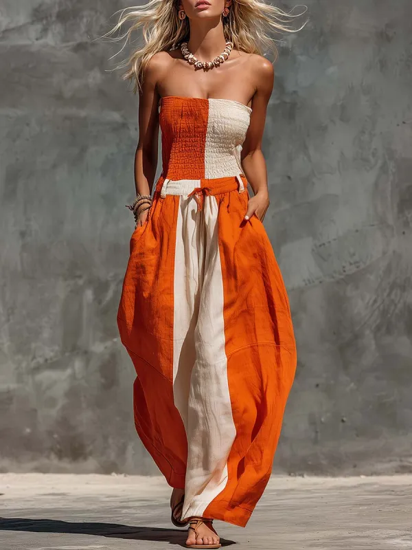 Casual Fashion Strapless Orange And Off-White Contrast Cotton-Linen Jumpsuit made by Oyrosy