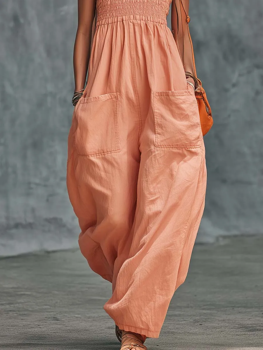 Leisure And Vacation Strapless Orange-Pink Cotton Jumpsuit sold by Oyrosy product image thumbnail 4