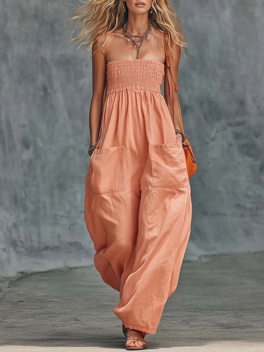 Leisure And Vacation Strapless Orange-Pink Cotton Jumpsuit sold by Oyrosy