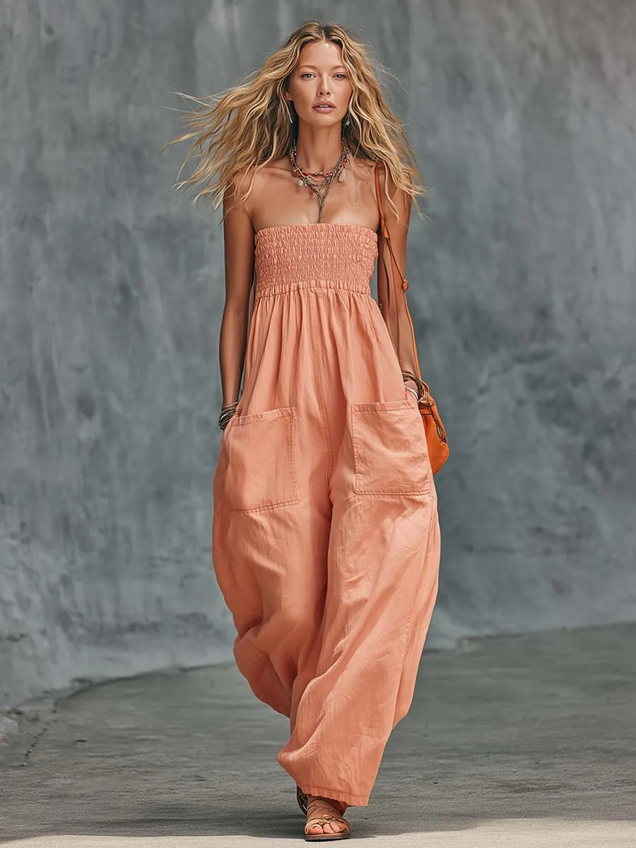 Leisure And Vacation Strapless Orange-Pink Cotton Jumpsuit sold by Oyrosy product image thumbnail 2
