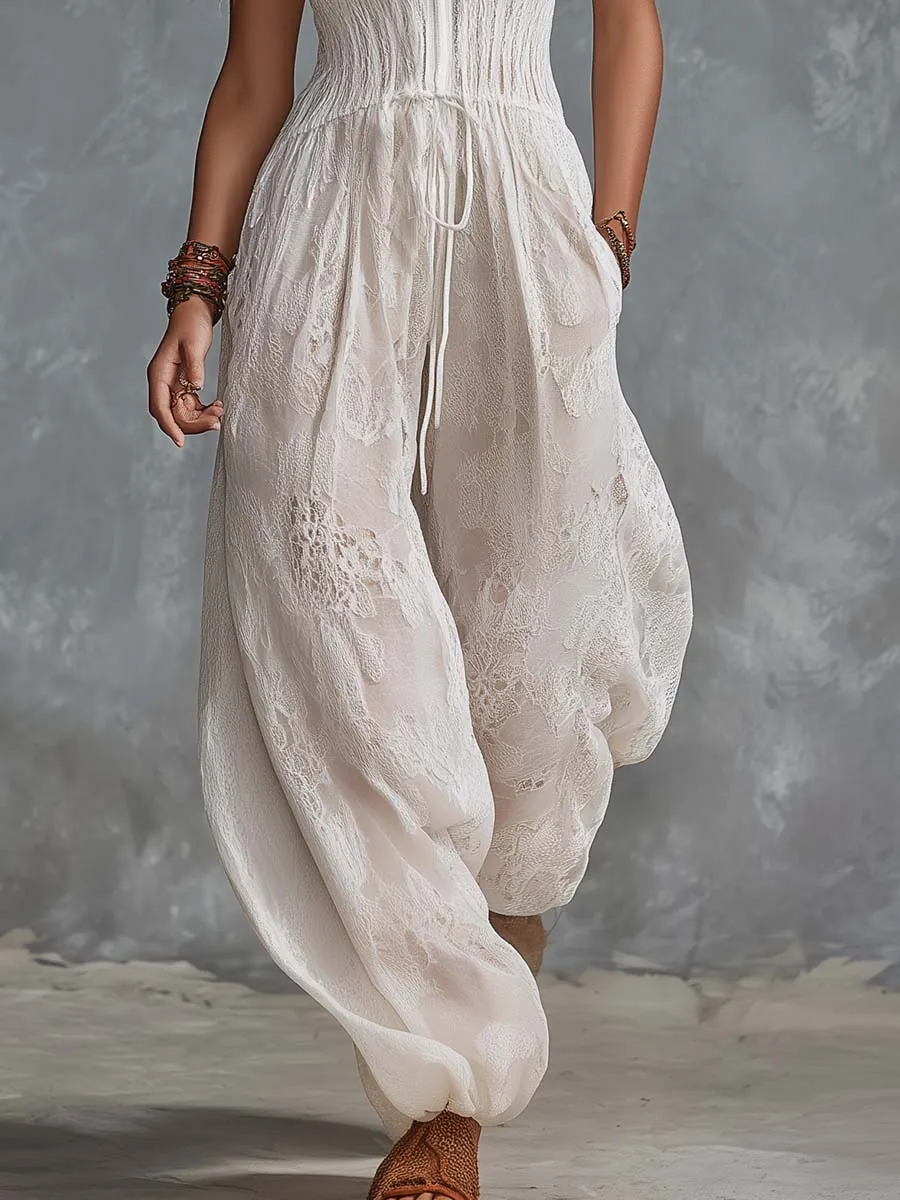 Western Retro V-Neck Front-Zip White Lace Jumpsuit sold by Oyrosy product image thumbnail 4