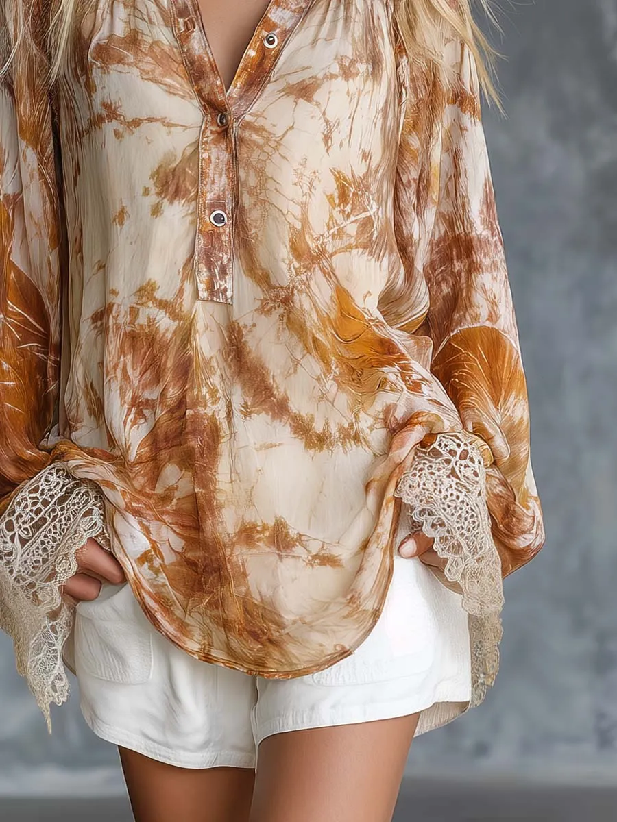 Retro-Casual V-Neck Front-Button Tie-Dye Print Chiffon Blouse sold by Oyrosy product image thumbnail 4