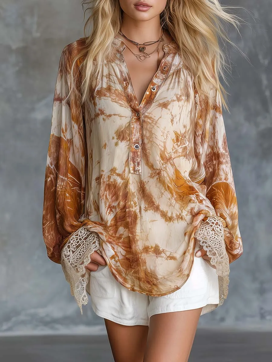 Retro-Casual V-Neck Front-Button Tie-Dye Print Chiffon Blouse sold by Oyrosy