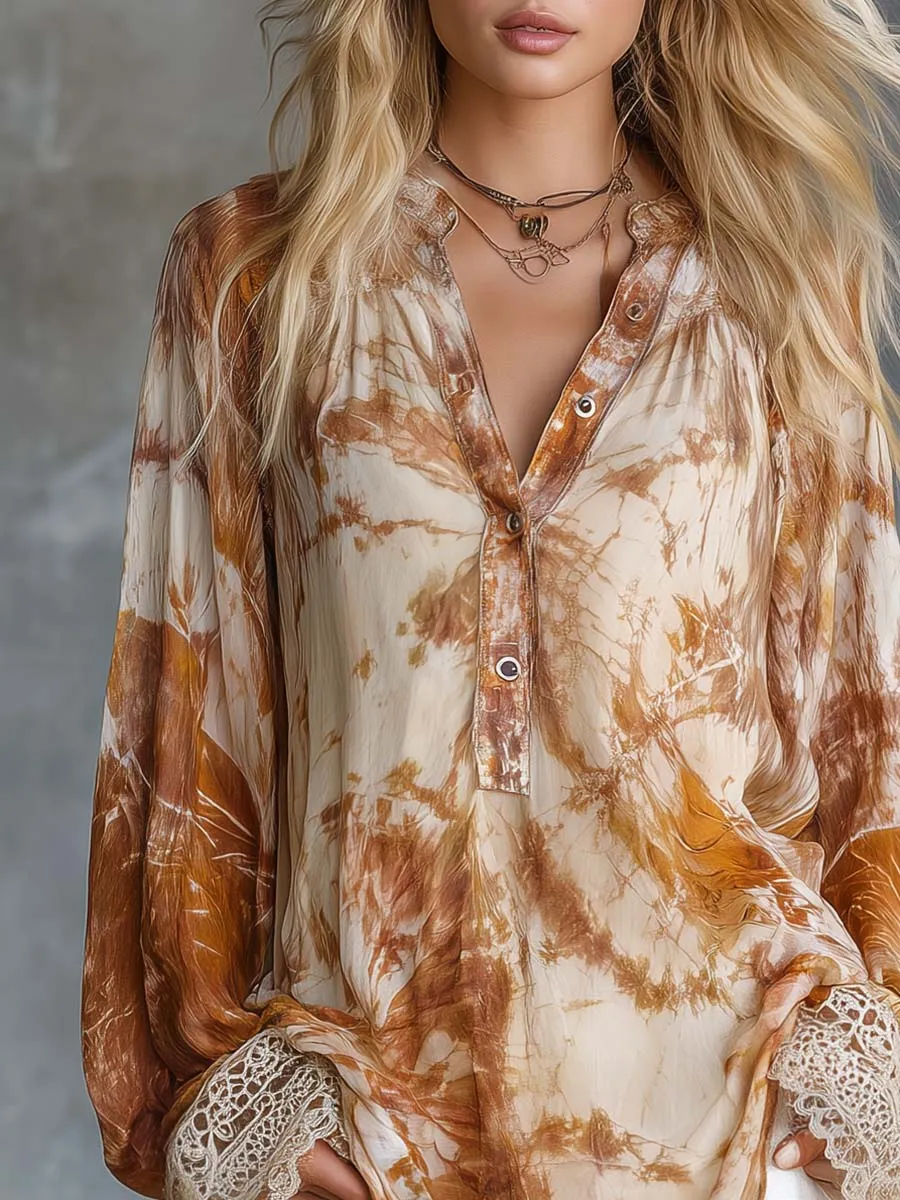 Retro-Casual V-Neck Front-Button Tie-Dye Print Chiffon Blouse sold by Oyrosy product image thumbnail 3