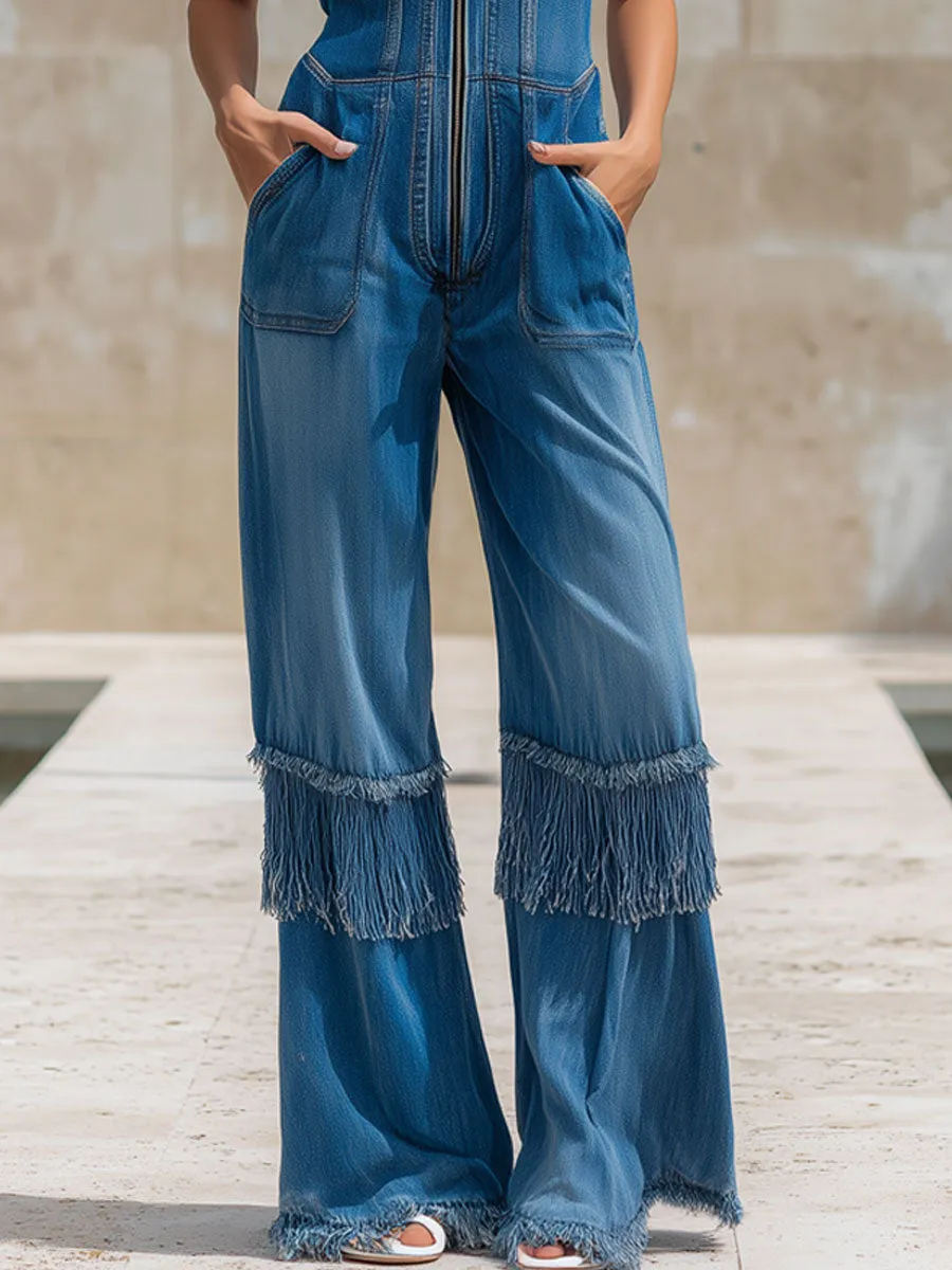 Fashionable Vacation Retro Fringed Blue Denim Sleeveless Zip-up Jumpsuit sold by Oyrosy product image thumbnail 5