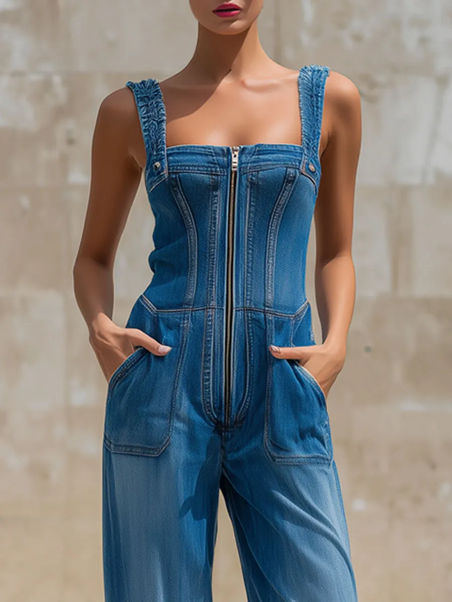 Fashionable Vacation Retro Fringed Blue Denim Sleeveless Zip-up Jumpsuit sold by Oyrosy product image thumbnail 4