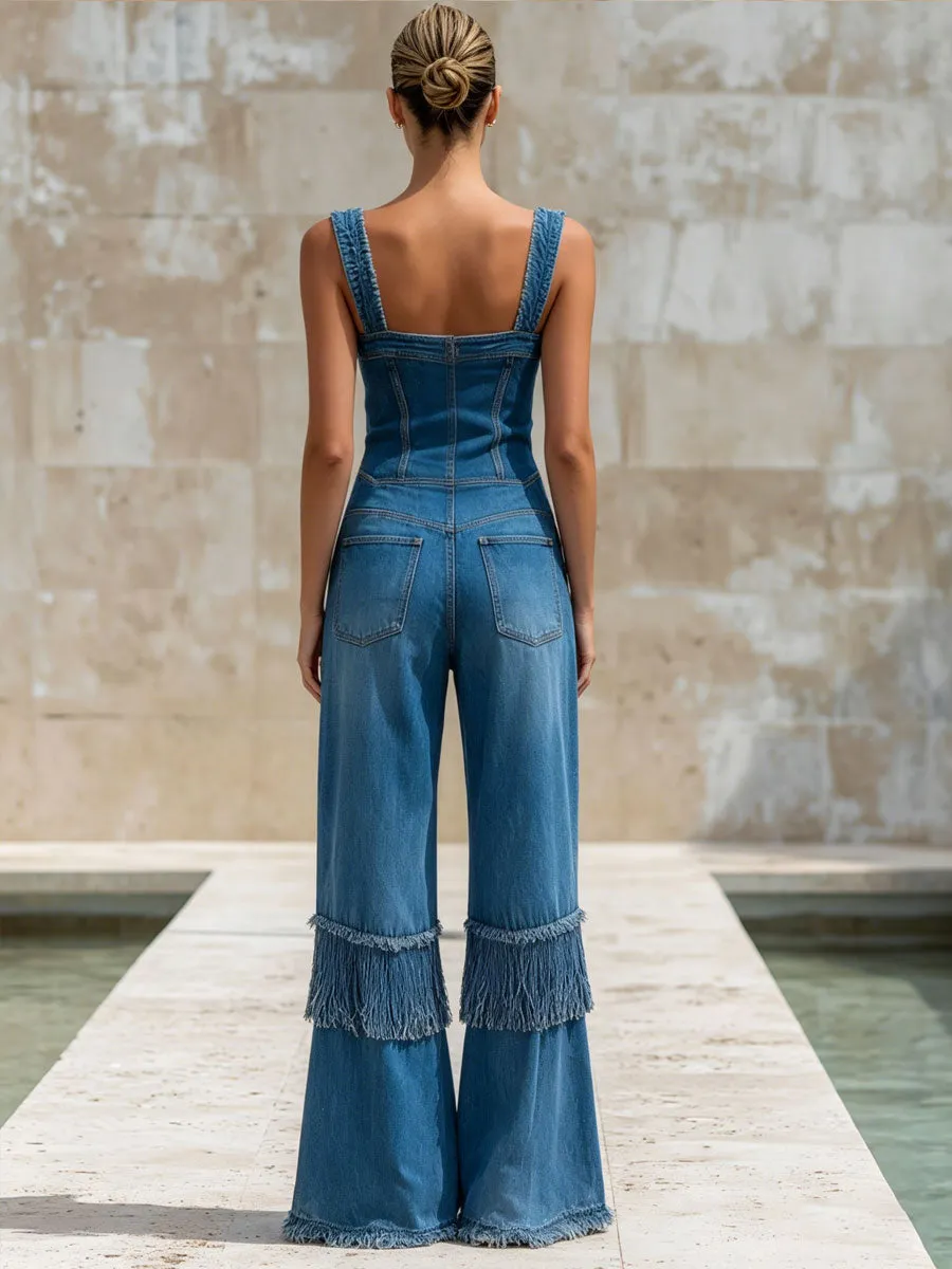 Fashionable Vacation Retro Fringed Blue Denim Sleeveless Zip-up Jumpsuit sold by Oyrosy product image thumbnail 3