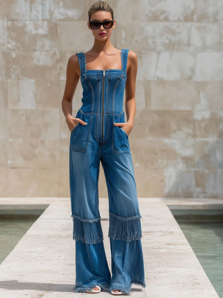 Fashionable Vacation Retro Fringed Blue Denim Sleeveless Zip-up Jumpsuit sold by Oyrosy product image thumbnail 2