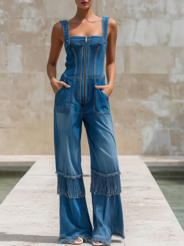 Fashionable Vacation Retro Fringed Blue Denim Sleeveless Zip-up Jumpsuit made by Oyrosy