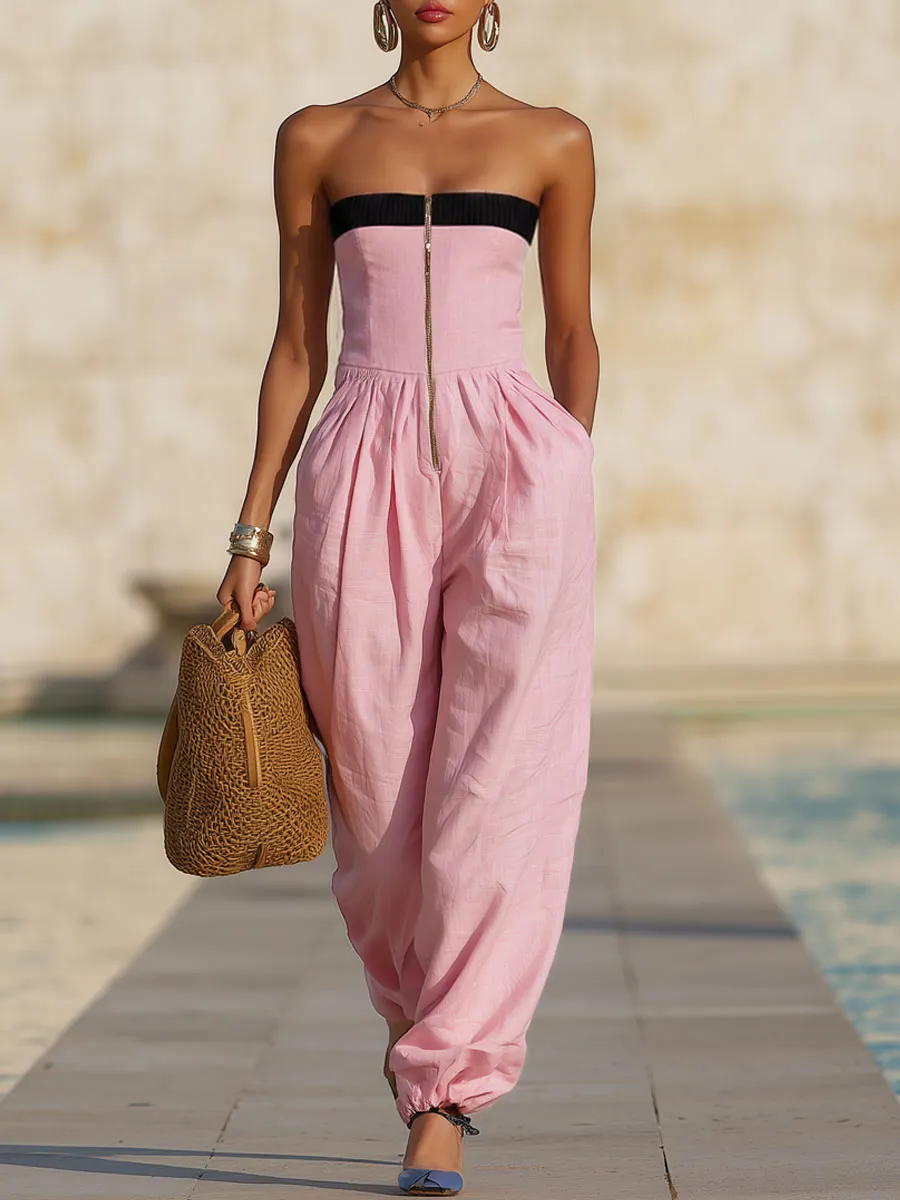 Fashionable Vacation Retro Pink Cotton Linen Ribbed Strapless Zip-up Jumpsuit sold by Oyrosy