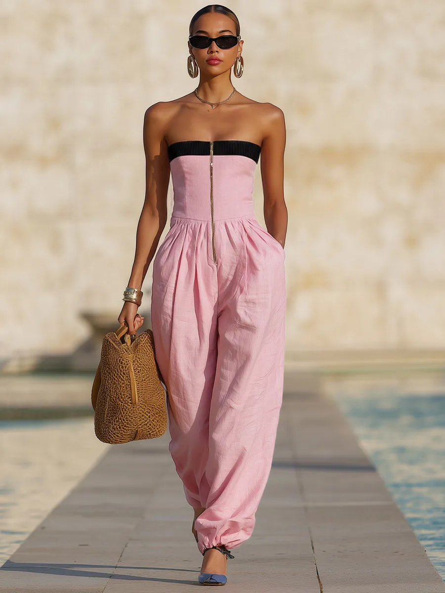 Fashionable Vacation Retro Pink Cotton Linen Ribbed Strapless Zip-up Jumpsuit sold by Oyrosy product image thumbnail 2