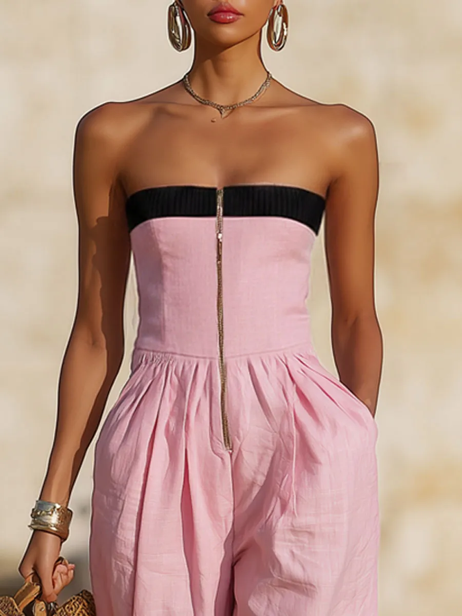 Fashionable Vacation Retro Pink Cotton Linen Ribbed Strapless Zip-up Jumpsuit sold by Oyrosy product image thumbnail 4