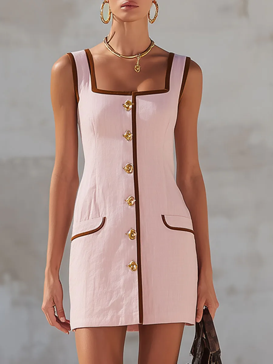 Fashionable Vacation Retro Brown Trim Pink Cotton Linen Sleeveless Mini Dress sold by Oyrosy