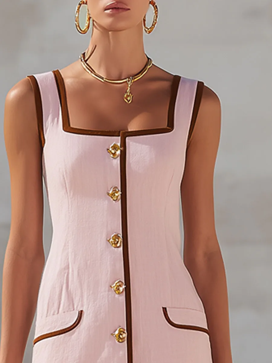 Fashionable Vacation Retro Brown Trim Pink Cotton Linen Sleeveless Mini Dress sold by Oyrosy product image thumbnail 4