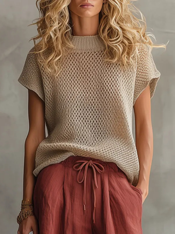 Retro Khaki Short-sleeved Knit Top made by Oyrosy