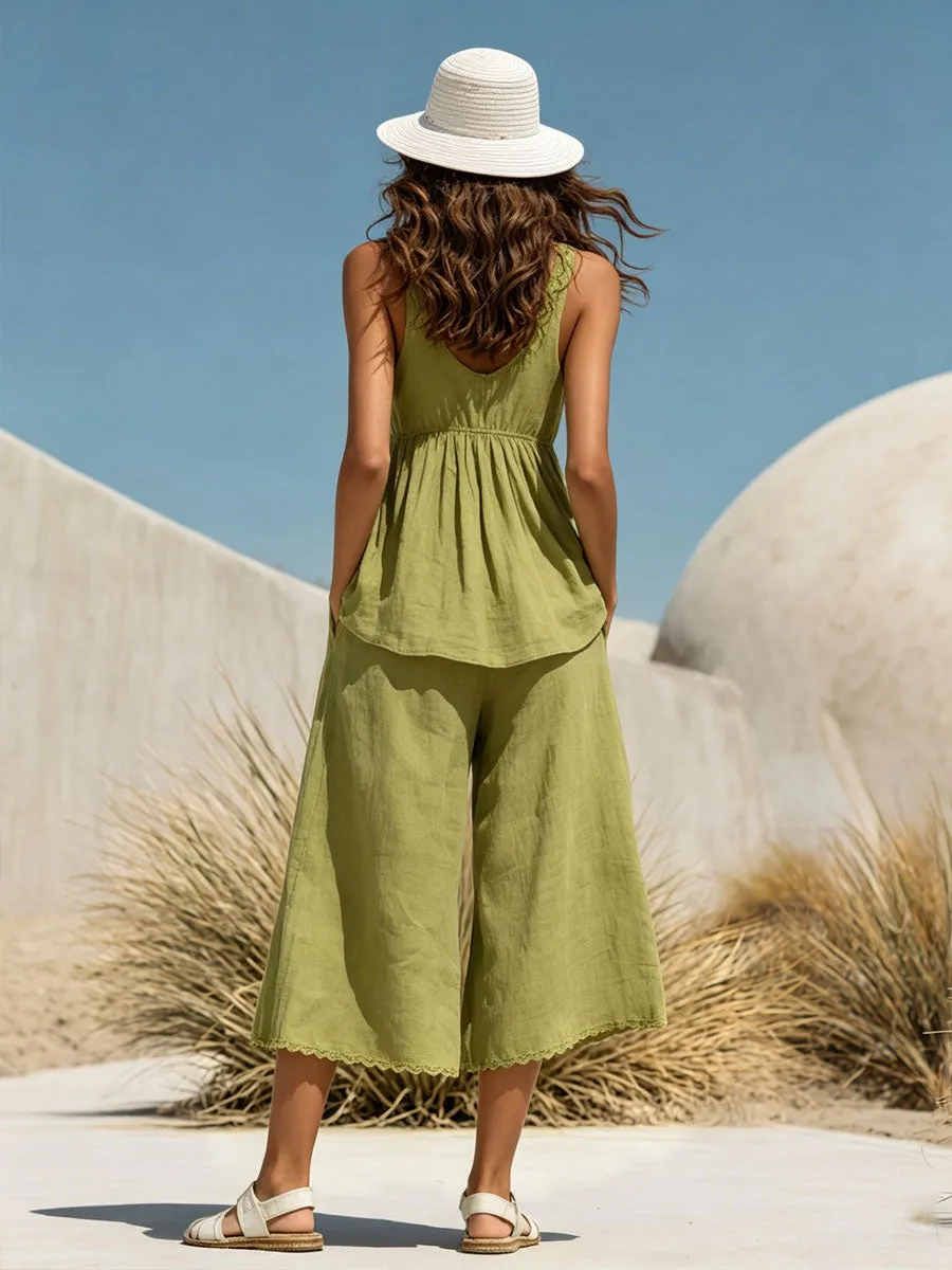 Vacation Retro Light Green Lace-Trimmed Cotton Linen Camisole And Wide-Leg Pants Set sold by Oyrosy product image thumbnail 3