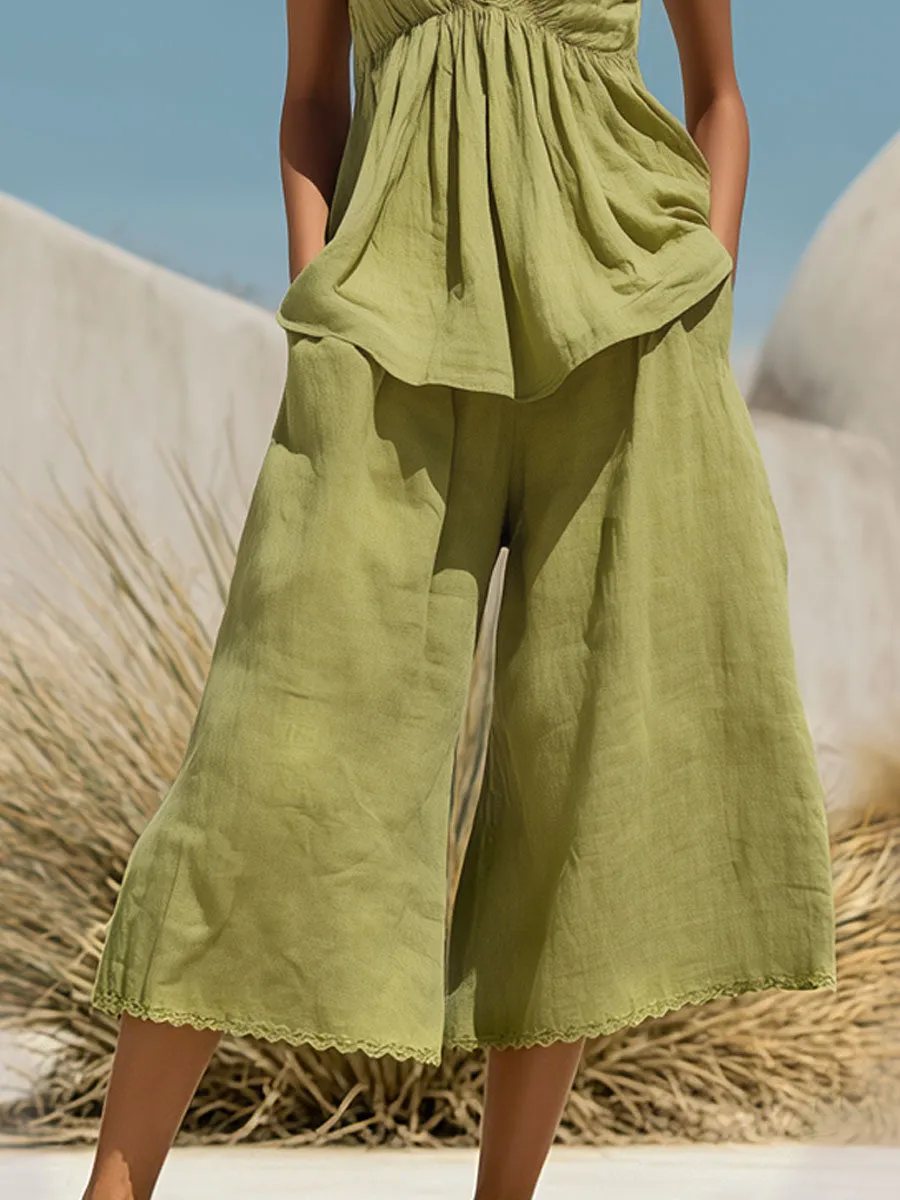 Vacation Retro Light Green Lace-Trimmed Cotton Linen Camisole And Wide-Leg Pants Set sold by Oyrosy product image thumbnail 5