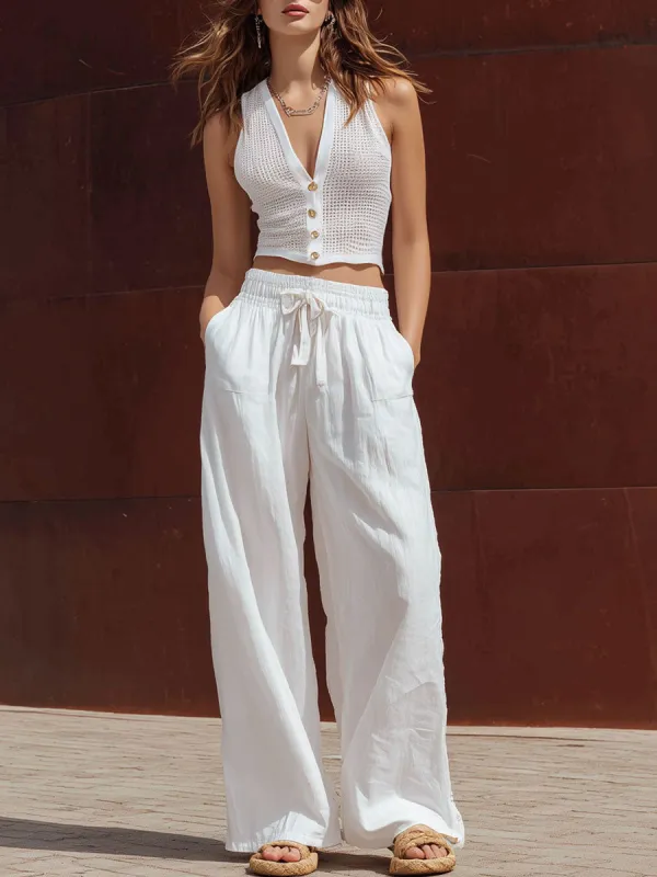 Casual Retro White Knitted Mesh Top And Cotton-linen Wide-leg Pants Set made by Oyrosy