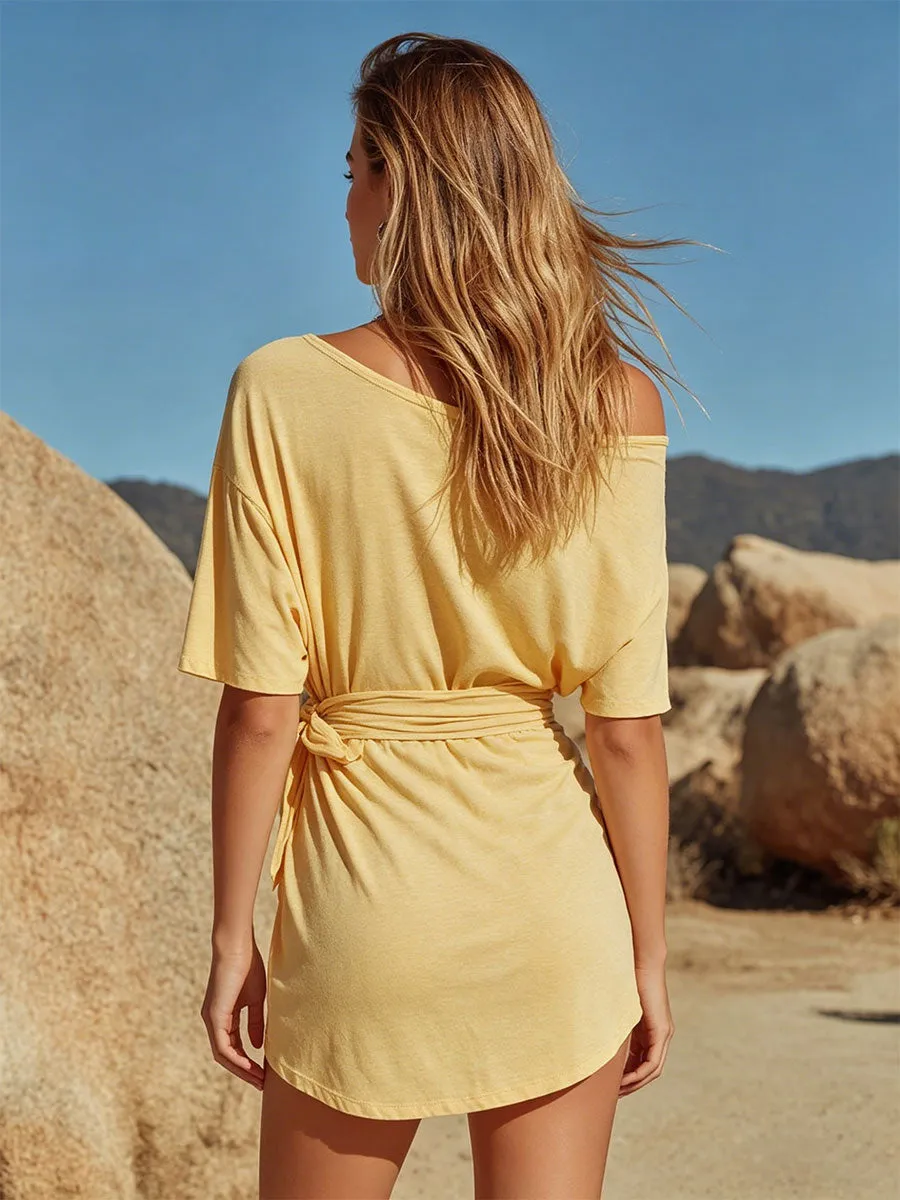 Casual Retro Yellow Short-sleeved Tie-waist One-shoulder Cotton Mini Dress sold by Oyrosy product image thumbnail 4