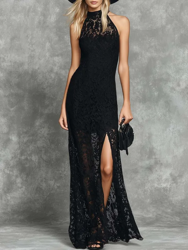 Elegant Retro And Quiet Luxury-Style Black Lace Slit Maxi Dress made by Oyrosy