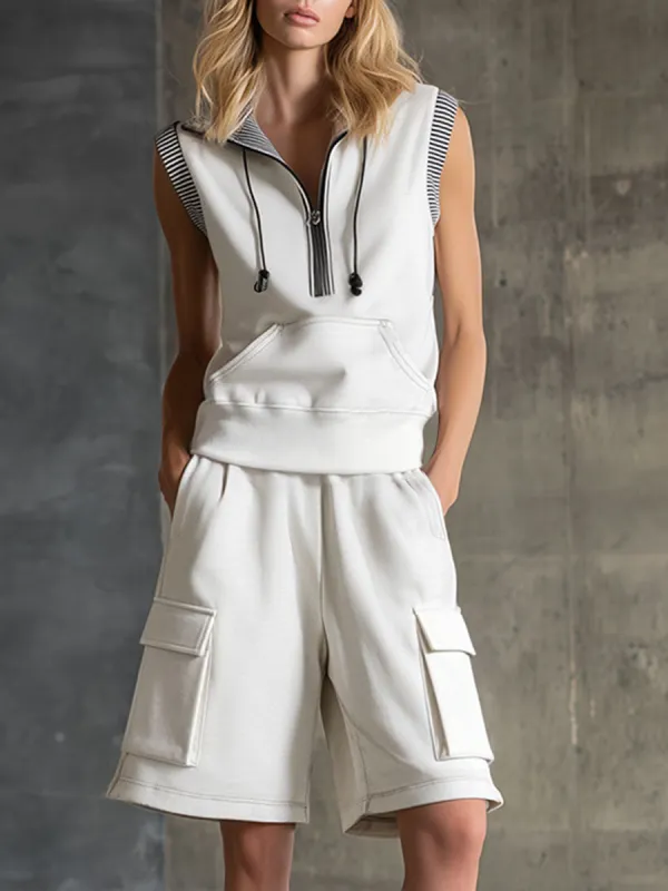 Sporty Retro Striped Hooded Cotton Sleeveless Sweatshirt And Cargo Shorts Set made by Oyrosy