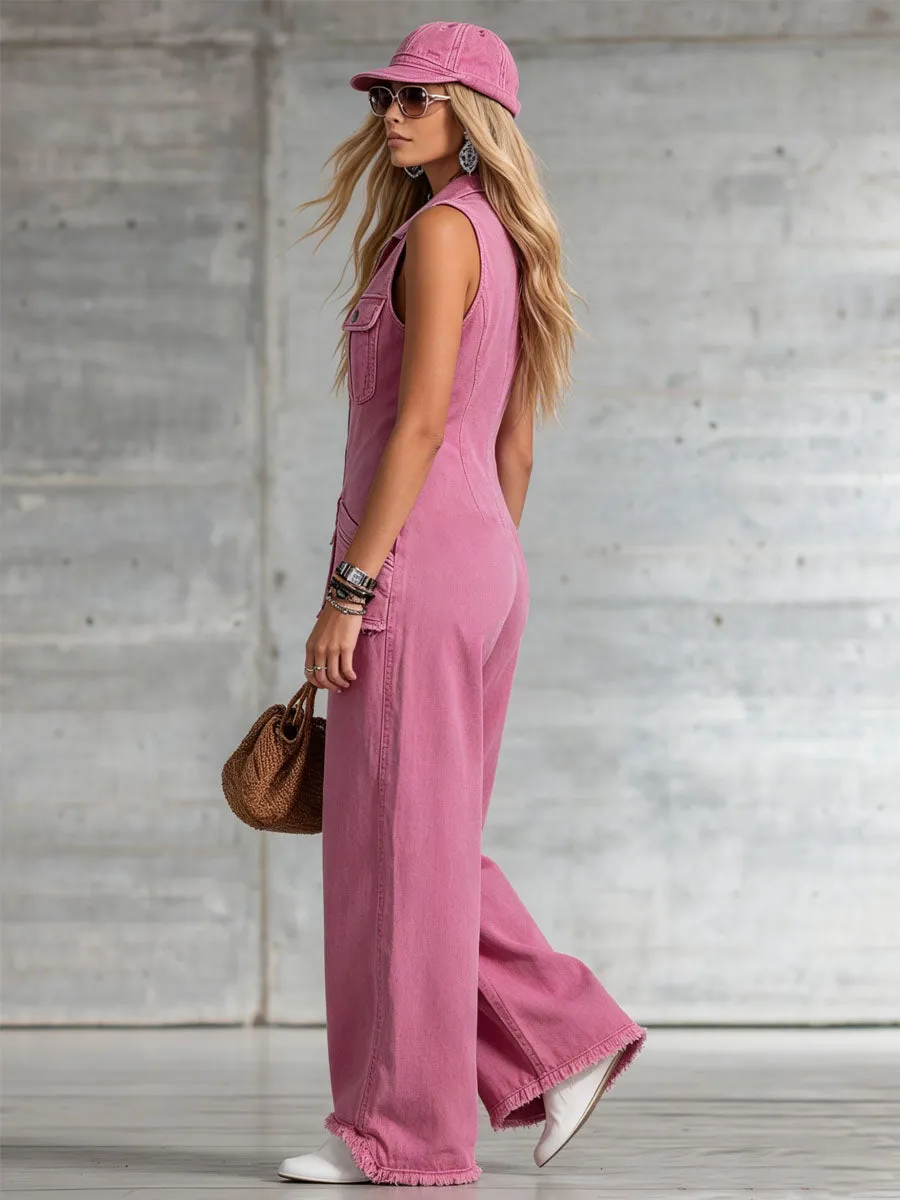 Retro-style Collared Zippered Pocket Sleeveless Wide-leg Jumpsuit sold by Oyrosy product image thumbnail 2