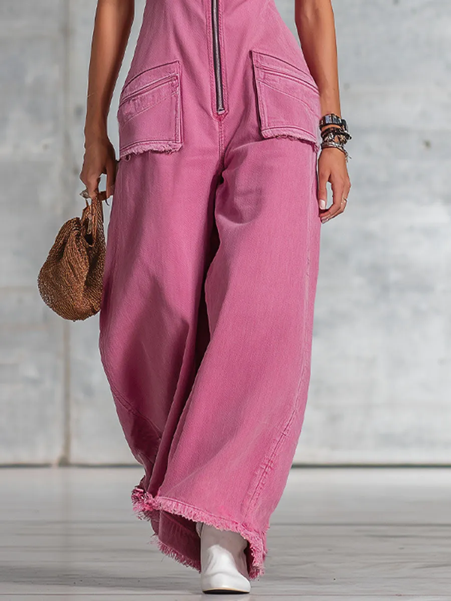 Retro-style Collared Zippered Pocket Sleeveless Wide-leg Jumpsuit sold by Oyrosy product image thumbnail 5