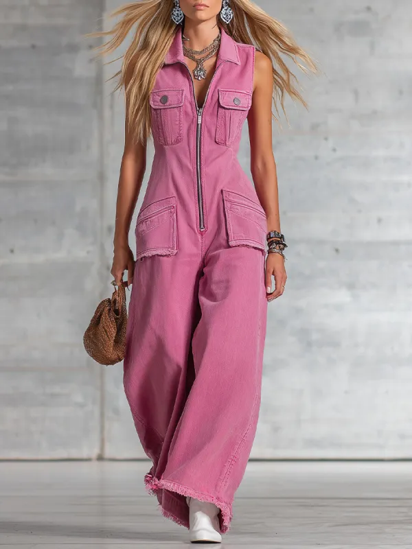 Retro-style Collared Zippered Pocket Sleeveless Wide-leg Jumpsuit made by Oyrosy