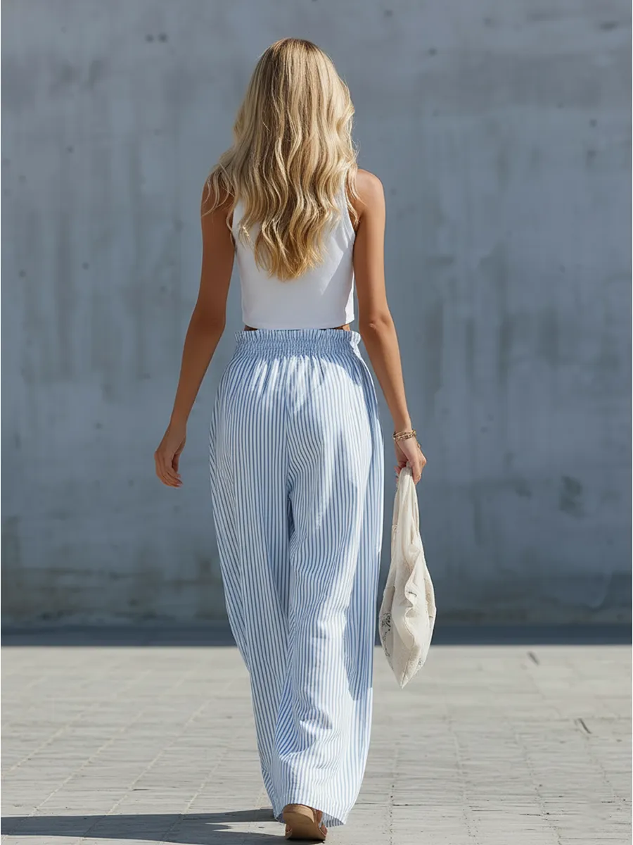 Stylish Casual White Cotton Tank Top And Blue Striped Pants Set sold by Oyrosy product image thumbnail 3