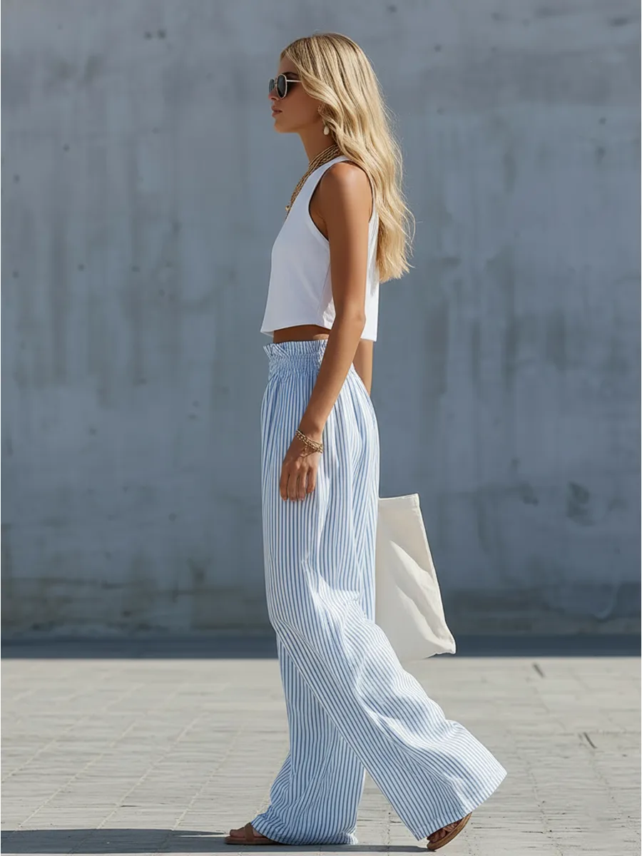 Stylish Casual White Cotton Tank Top And Blue Striped Pants Set sold by Oyrosy product image thumbnail 2