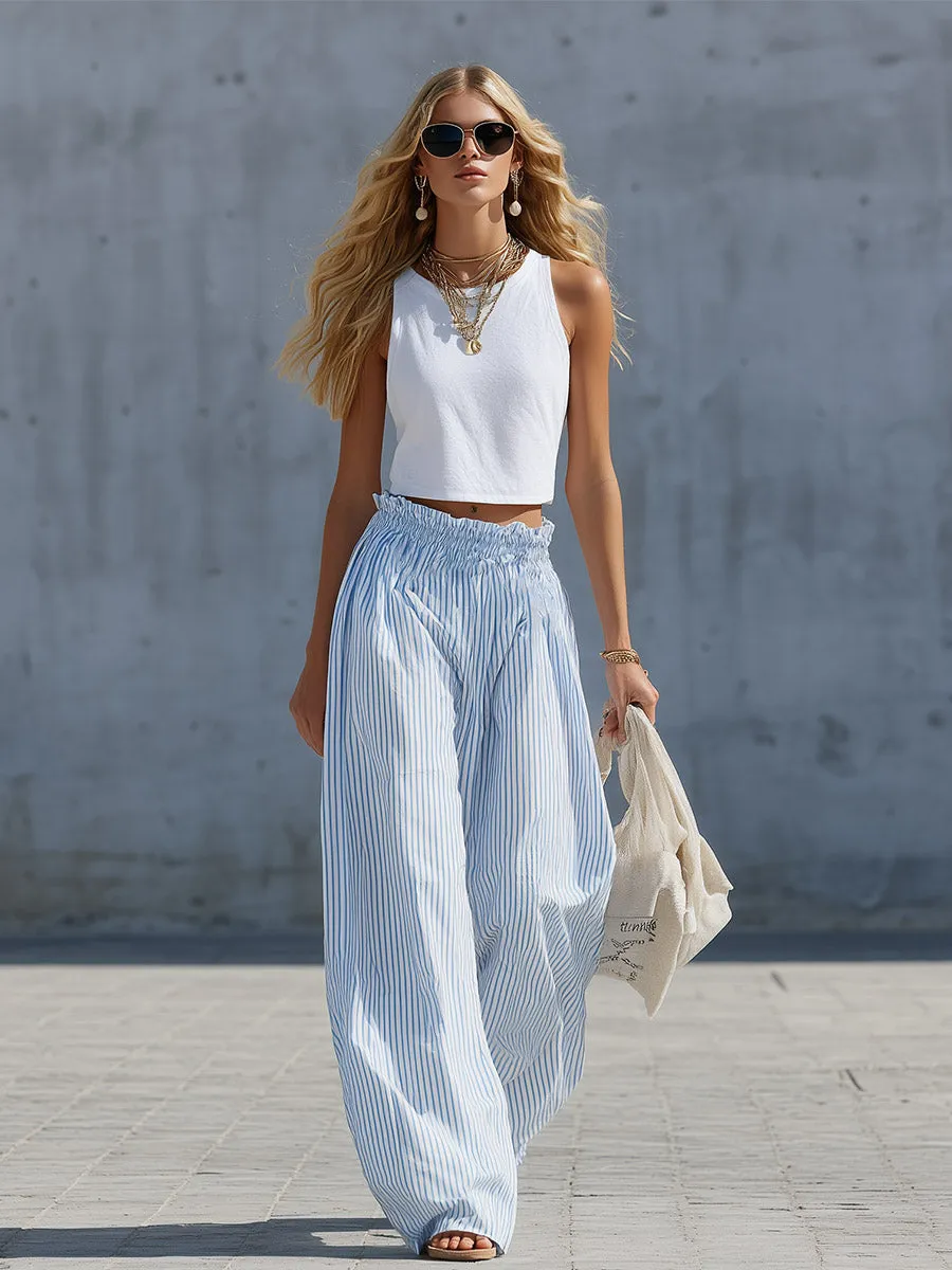 Stylish Casual White Cotton Tank Top And Blue Striped Pants Set sold by Oyrosy product image thumbnail 4
