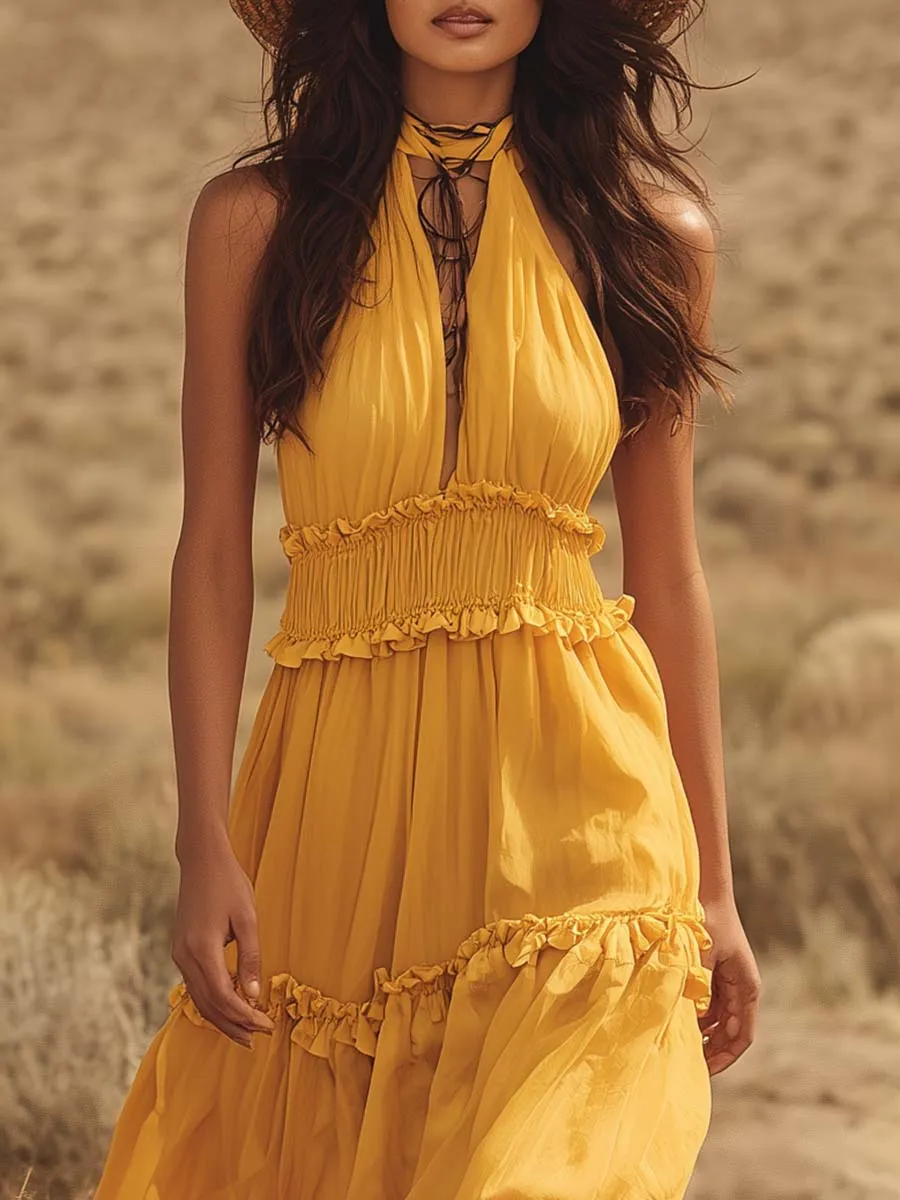 Vacation-Style Flowy Yellow Chiffon Halter V-Neck Maxi Dress sold by Oyrosy product image thumbnail 3