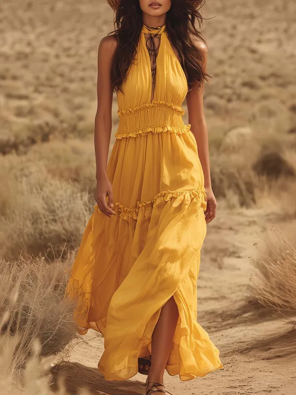 Vacation-Style Flowy Yellow Chiffon Halter V-Neck Maxi Dress made by Oyrosy