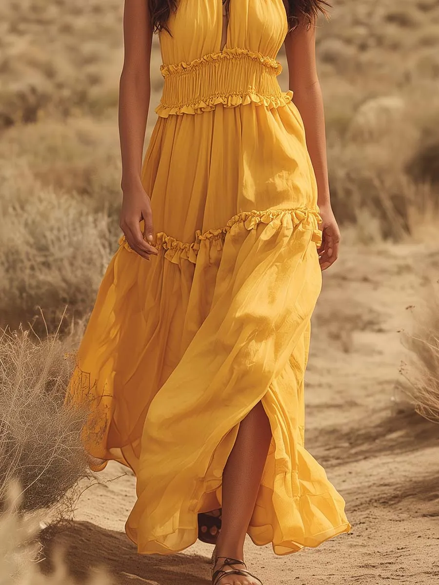 Vacation-Style Flowy Yellow Chiffon Halter V-Neck Maxi Dress sold by Oyrosy product image thumbnail 4