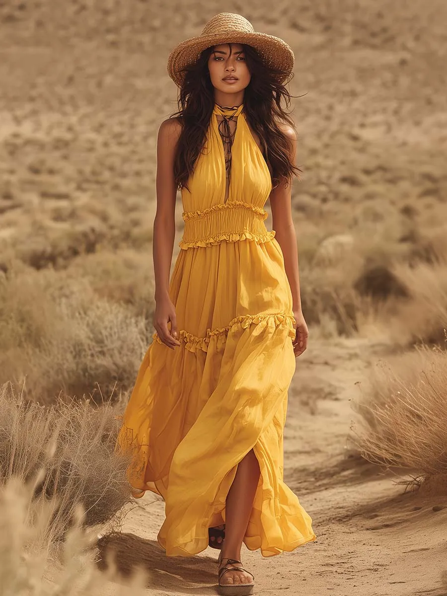 Vacation-Style Flowy Yellow Chiffon Halter V-Neck Maxi Dress sold by Oyrosy product image thumbnail 2