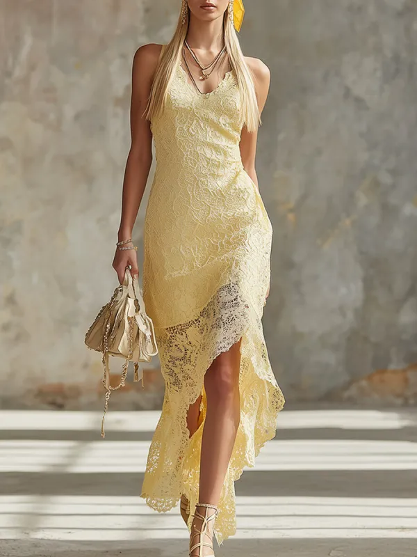 Classic And Elegant Yellow Lace Sleeveless Maxi Dress made by Oyrosy