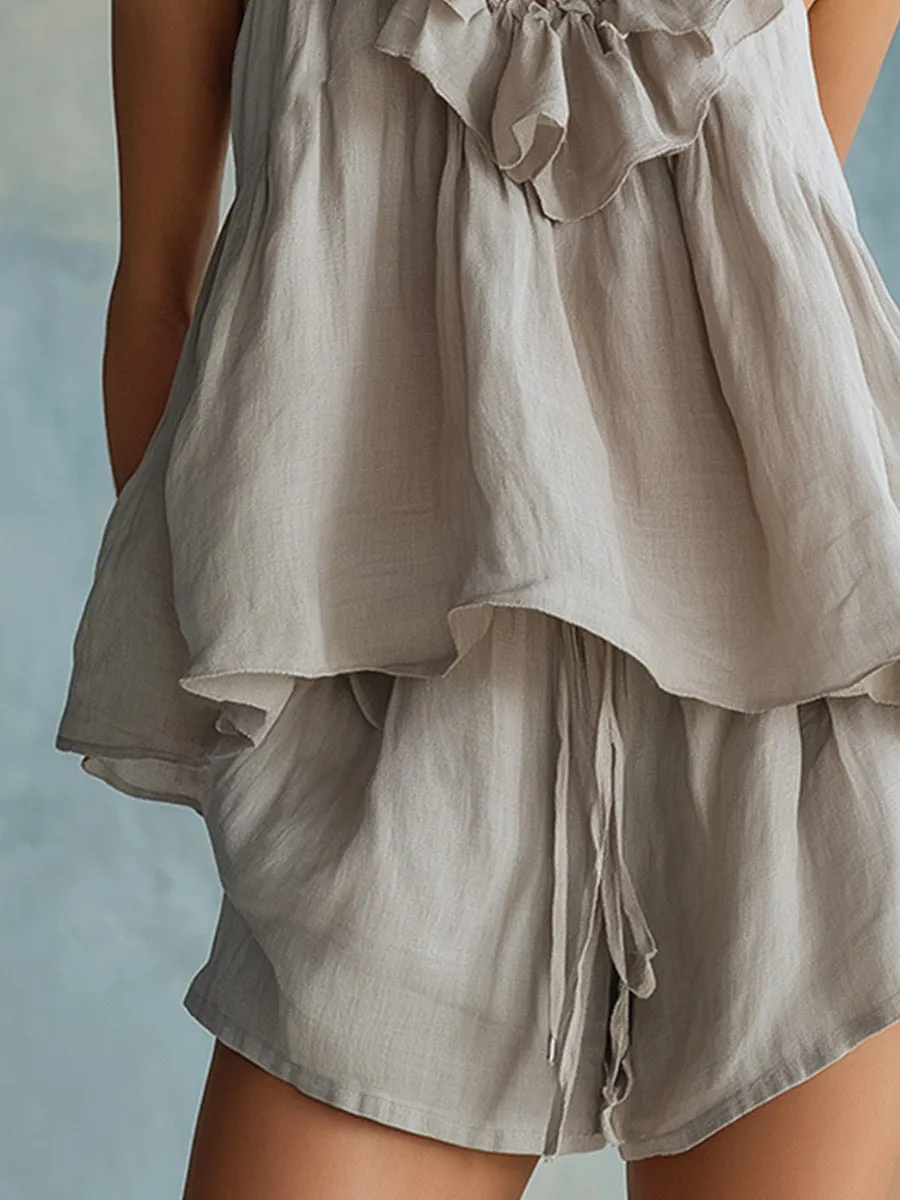 Elegant Casual Beige-Grey Cotton-Linen Ruffled Vest And Shorts Set sold by Oyrosy product image thumbnail 3