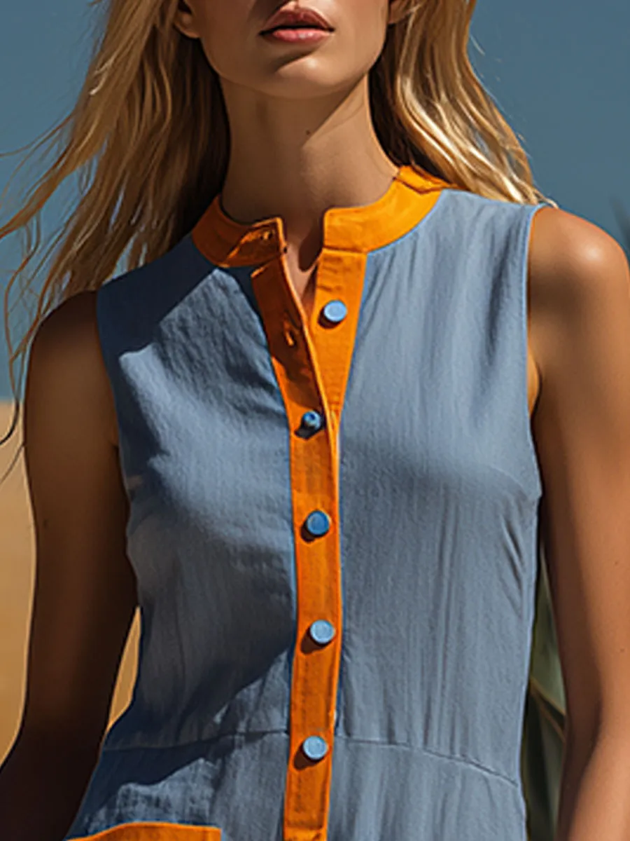 Retro Casual Color-blocked Trim Blue Sleeveless Button-down Jumpsuit sold by Oyrosy product image thumbnail 5