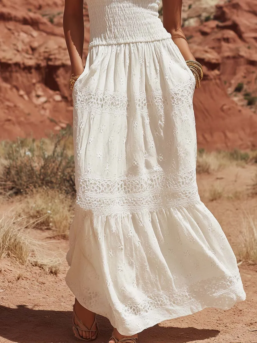 Fashion Vacation Strapless Lace Trim White Cotton Maxi Dress sold by Oyrosy product image thumbnail 4