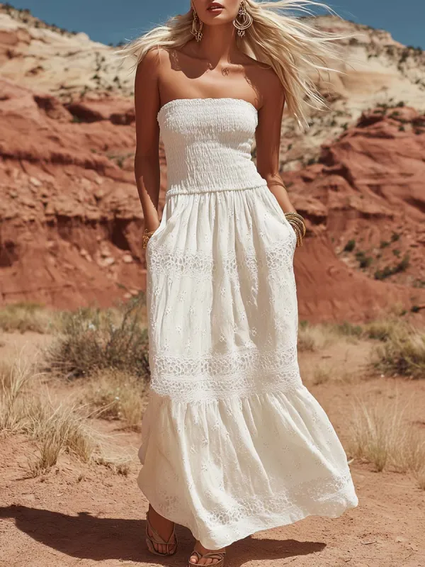 Fashion Vacation Strapless Lace Trim White Cotton Maxi Dress made by Oyrosy