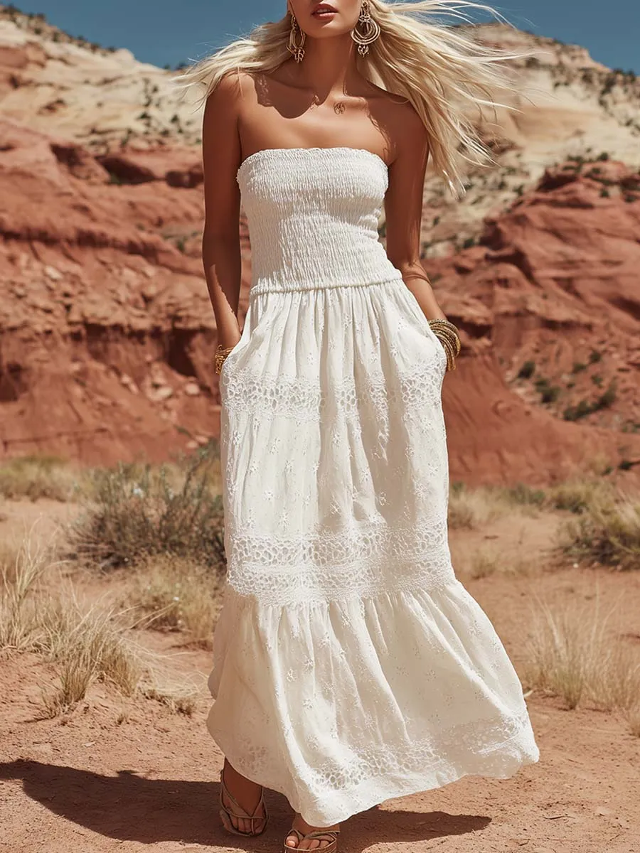 Fashion Vacation Strapless Lace Trim White Cotton Maxi Dress sold by Oyrosy