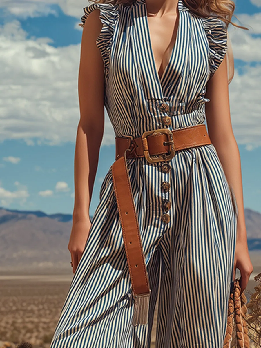 Elegant Retro Ruffles Blue Striped Sleeveless Jumpsuit sold by Oyrosy product image thumbnail 3