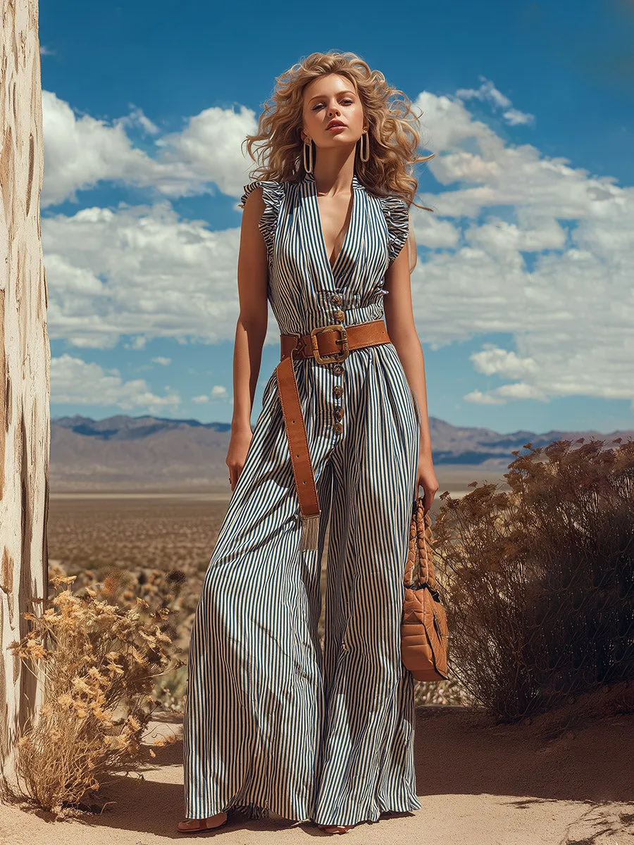 Elegant Retro Ruffles Blue Striped Sleeveless Jumpsuit sold by Oyrosy product image thumbnail 2