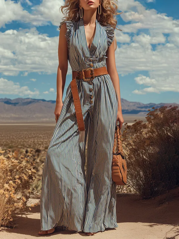 Elegant Retro Ruffles Blue Striped Sleeveless Jumpsuit made by Oyrosy