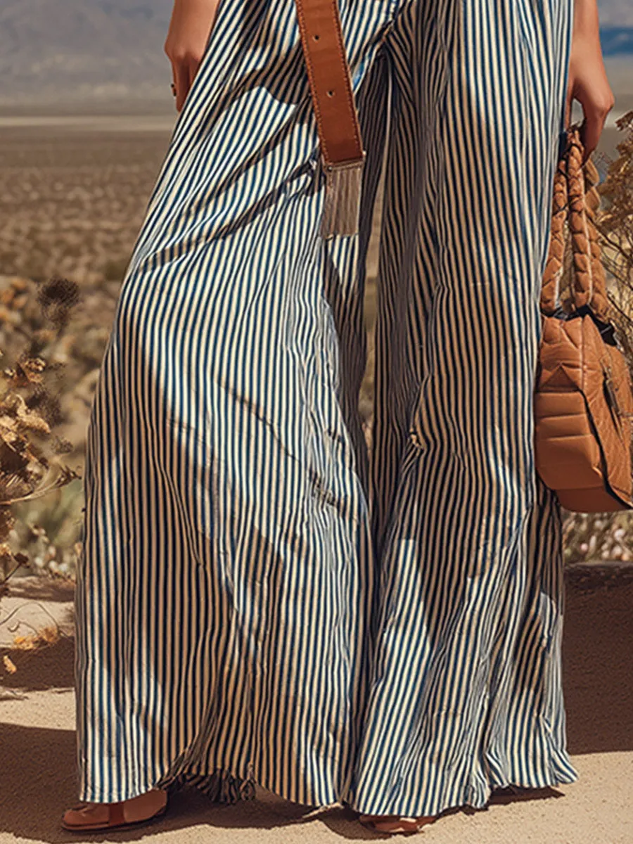 Elegant Retro Ruffles Blue Striped Sleeveless Jumpsuit sold by Oyrosy product image thumbnail 4